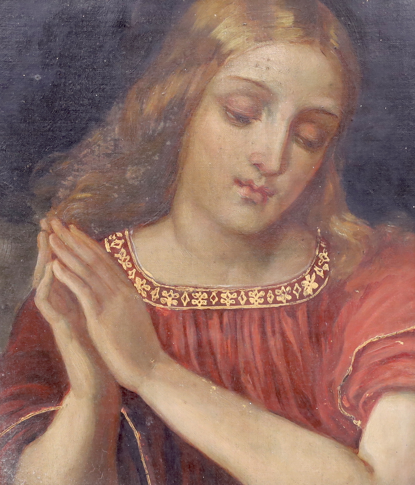 19th century Continental School, oil on board, Portrait of a lady at prayer, 34 x 29cm